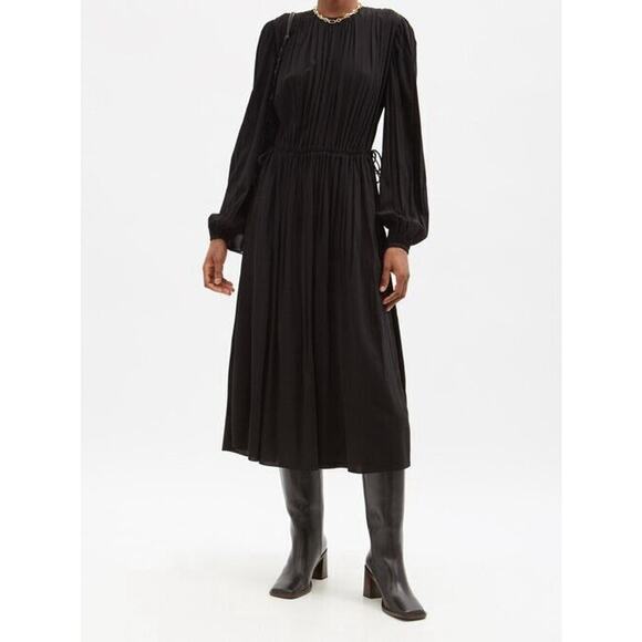 ANOTHER TOMORROW Pleated Black Drawstring Waist Jersey Midi Dress Size 40 US 4 - Picture 1 of 12